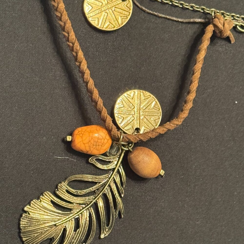 Vintage Long Cord Chain Necklace with Charms Orange Brown Silver